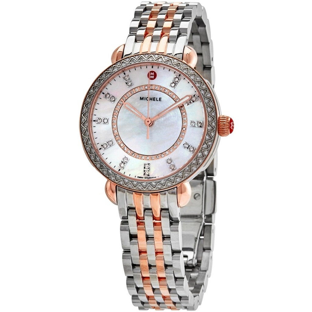 Michele TwoTone Rose Gold  Silver MotherOfPearl Diamond Dial Watch